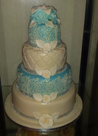 4 Tier Lace & Roses Wedding Cake