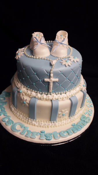2 Tier  Christening Cake with Booties and Crucifix