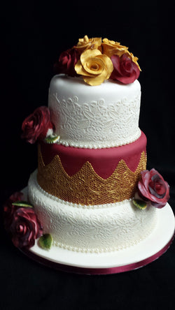 3 Tier Gold Lace and Roses Wedding Cake