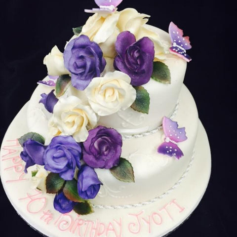 70th Purple and Cream Roses Birthday Cake