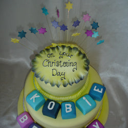 Two Tier Lemon Christening Cake With Large Blocks