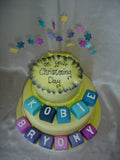 Two Tier Lemon Christening Cake With Large Blocks